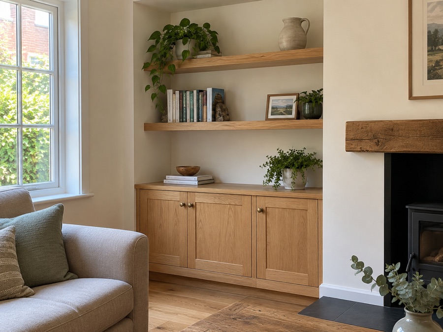 Newly fitted oak shelves and cabinet in a sunlit room. AI-generated example.